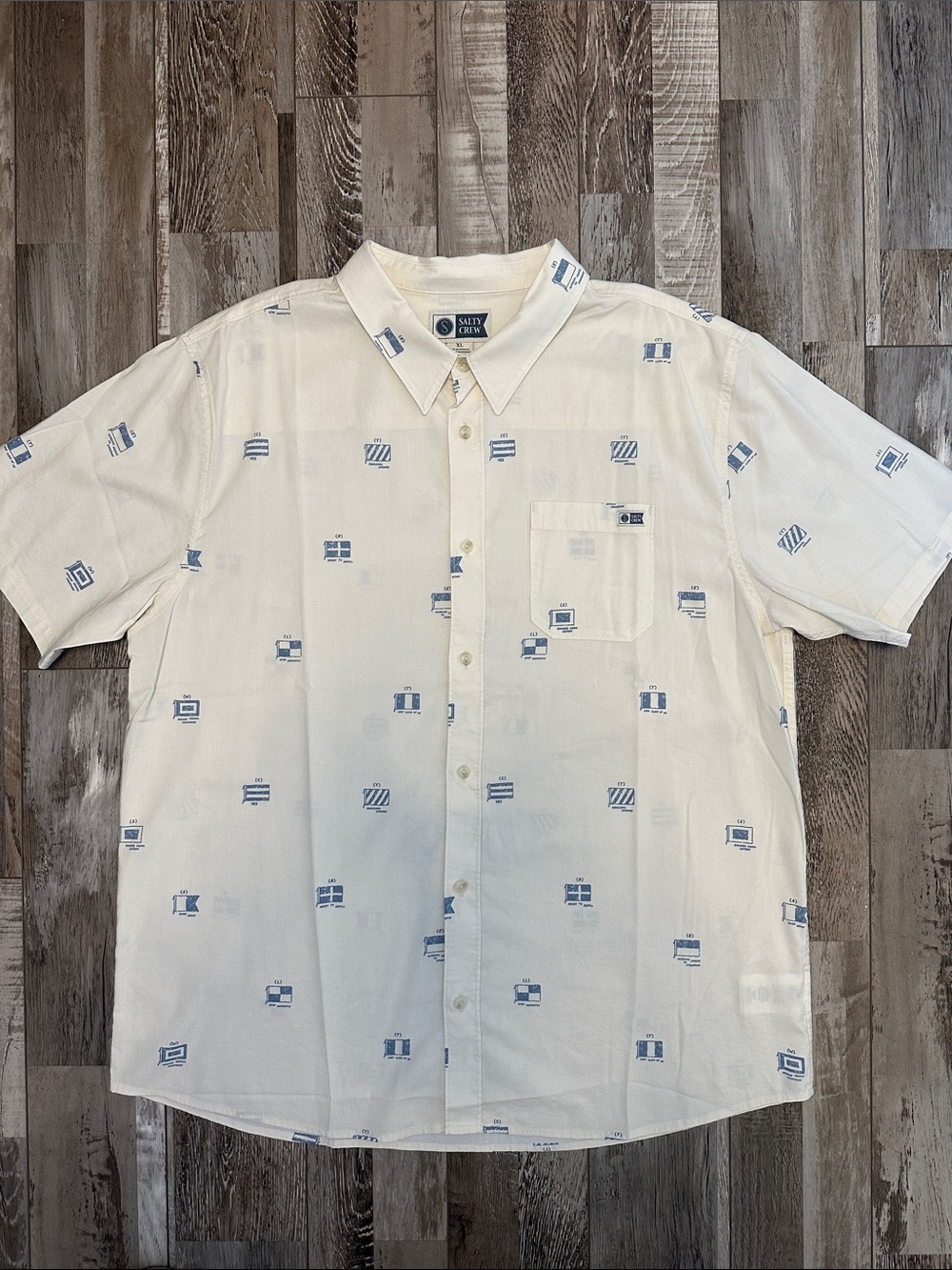 Salty Crew Cream Short-Sleeve Button-Down with Blue Micro Print